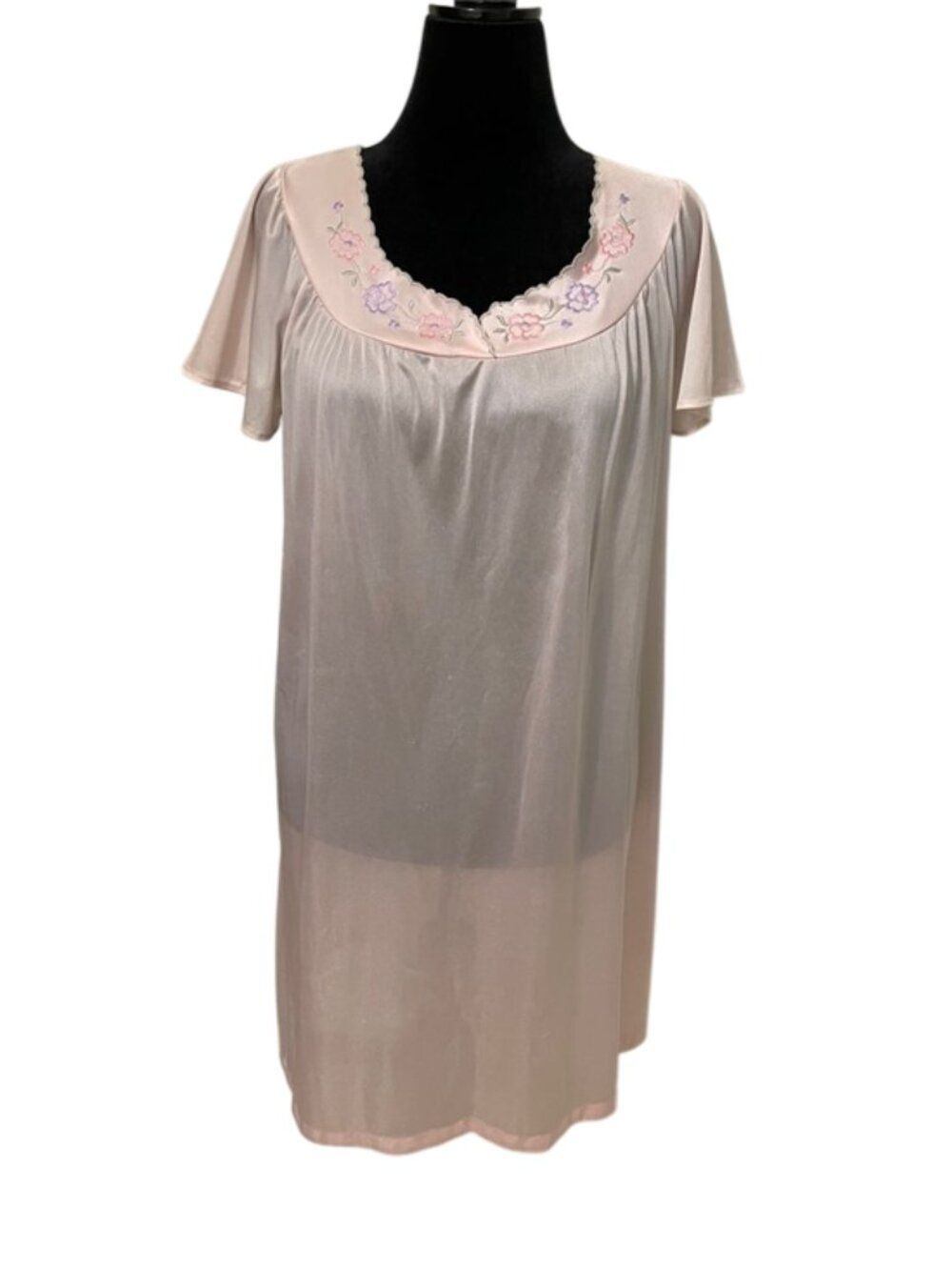 Vintage Simply Basic Pink Nightgown Medium Embroidered Floral Slinky Nylon USA